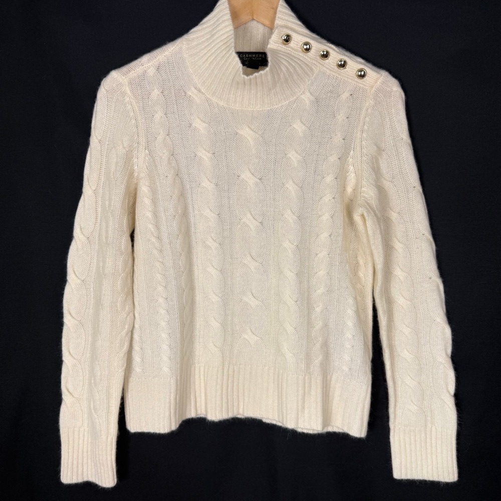 Charter Club Luxury 100% Cashmere Cable Knit Mock Neck Button Sweater M Classic